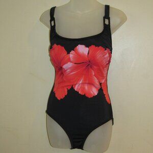 Travel Smith Black Hibiscus Hawaiian Floral One Piece Swimsuit Bathing Suit 10